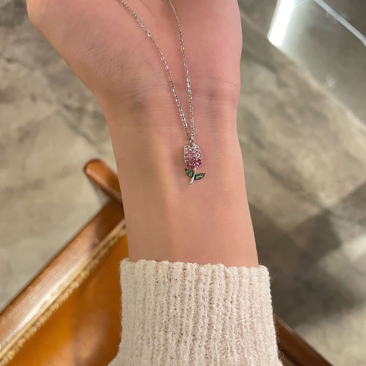 Dainty Handmade CZ Inlaid Pink Tulip Chain Necklace - ArtGalleryZen