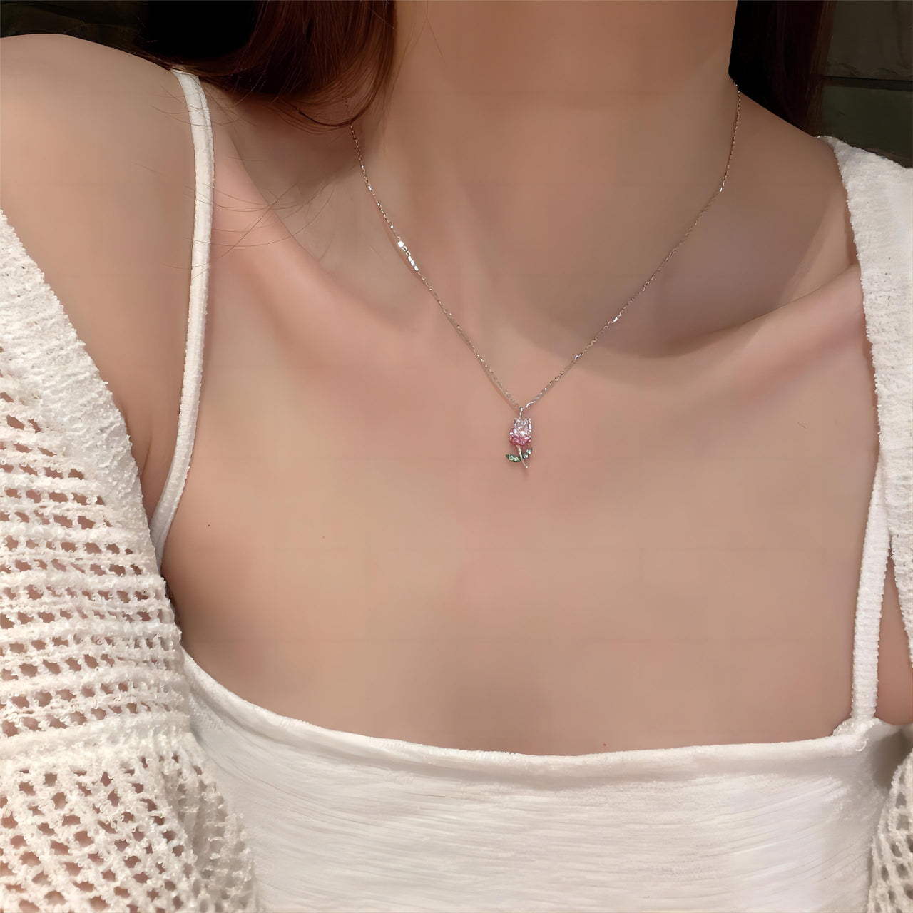 Dainty Handmade CZ Inlaid Pink Tulip Chain Necklace - ArtGalleryZen