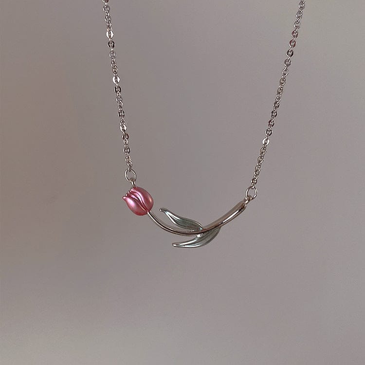 Dainty Handmade Enamel Pink Tulip Chain Necklace - ArtGalleryZen
