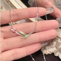 Thumbnail for Dainty Handmade Enamel Pink Tulip Chain Necklace - ArtGalleryZen