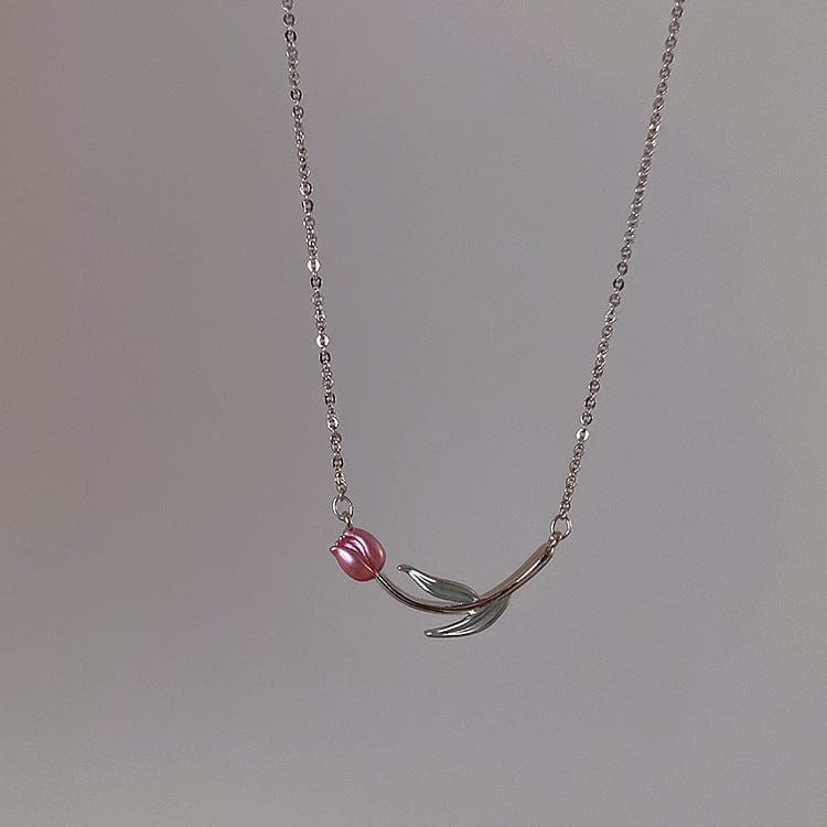 Dainty Handmade Enamel Pink Tulip Chain Necklace - ArtGalleryZen