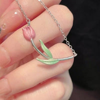 Thumbnail for Dainty Handmade Enamel Pink Tulip Chain Necklace - ArtGalleryZen