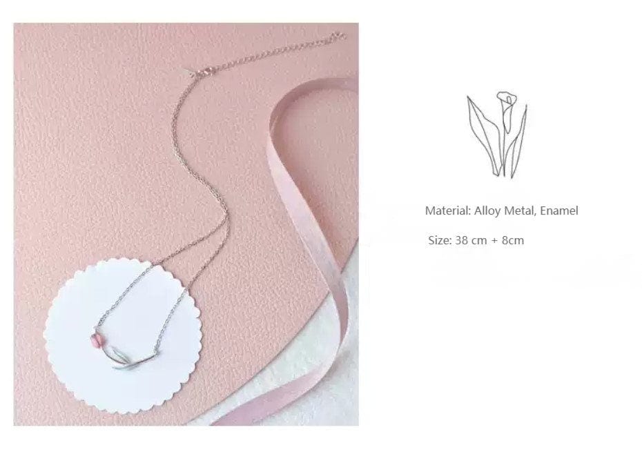 Dainty Handmade Enamel Pink Tulip Chain Necklace - ArtGalleryZen