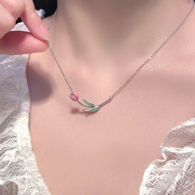 Dainty Handmade Enamel Pink Tulip Chain Necklace - ArtGalleryZen