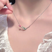 Thumbnail for Dainty Handmade Enamel Pink Tulip Chain Necklace - ArtGalleryZen