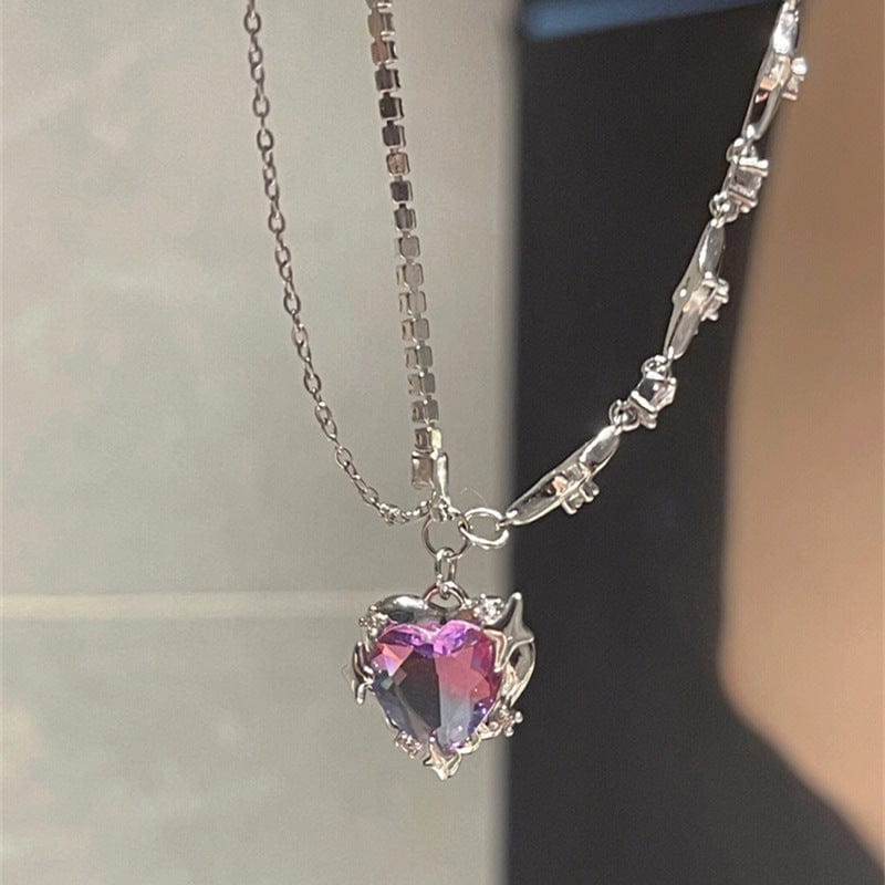 Dainty Layered CZ Inlaid Purple Crystal Heart Pendant Star Chain Necklace - ArtGalleryZen