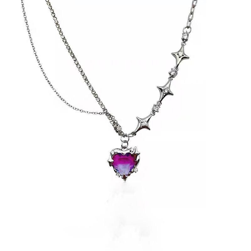 Dainty Layered CZ Inlaid Purple Crystal Heart Pendant Star Chain Necklace - ArtGalleryZen