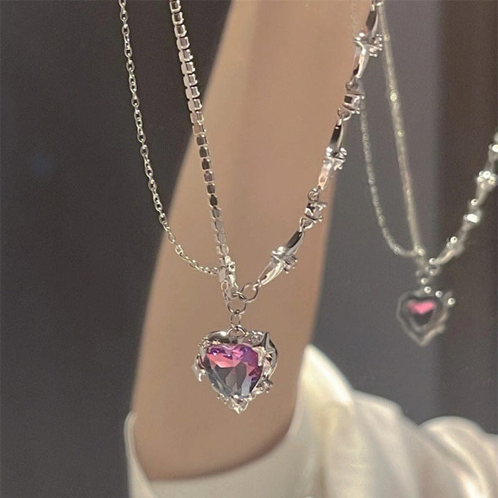 Chic Layered CZ Inlaid Pink and Black Crystal Heart Pendant Star Chain Necklace - Black