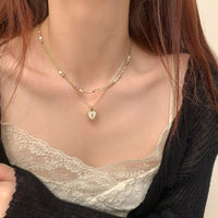 Thumbnail for Dainty Layered Floral Heart Pendant Pearl Chain Choker Necklace Set - ArtGalleryZen
