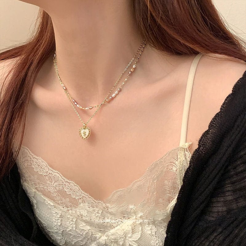 Dainty Layered Floral Heart Pendant Pearl Chain Choker Necklace Set - ArtGalleryZen