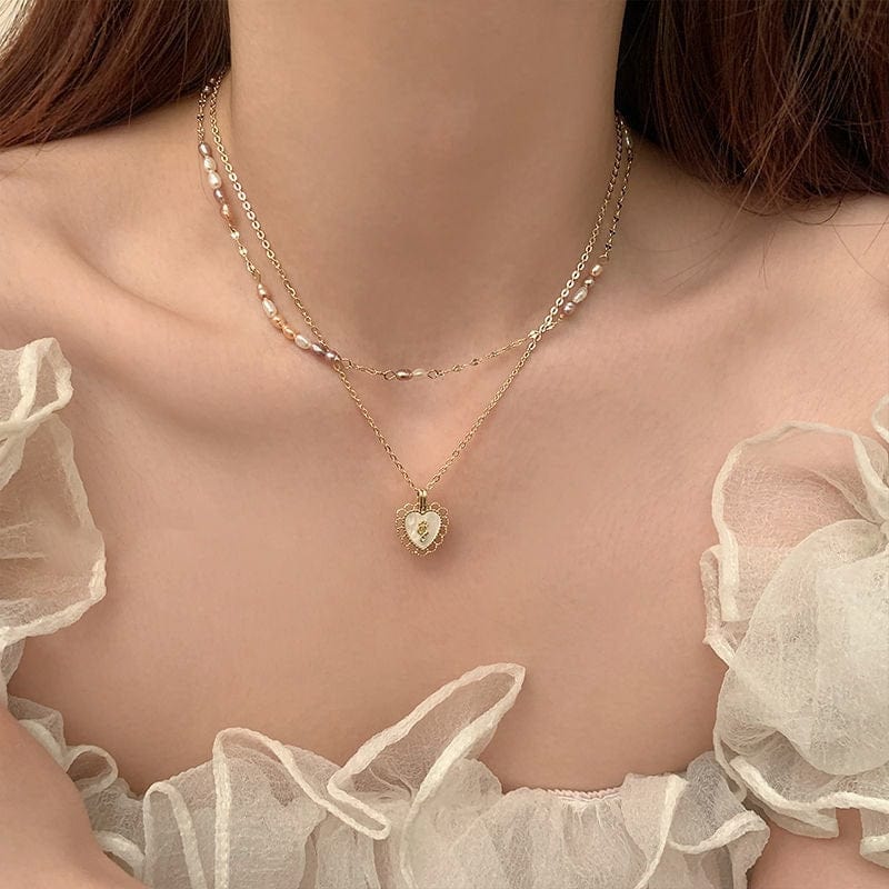Dainty Layered Floral Heart Pendant Pearl Chain Choker Necklace Set - ArtGalleryZen
