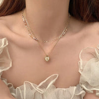 Thumbnail for Dainty Layered Floral Heart Pendant Pearl Chain Choker Necklace Set - ArtGalleryZen