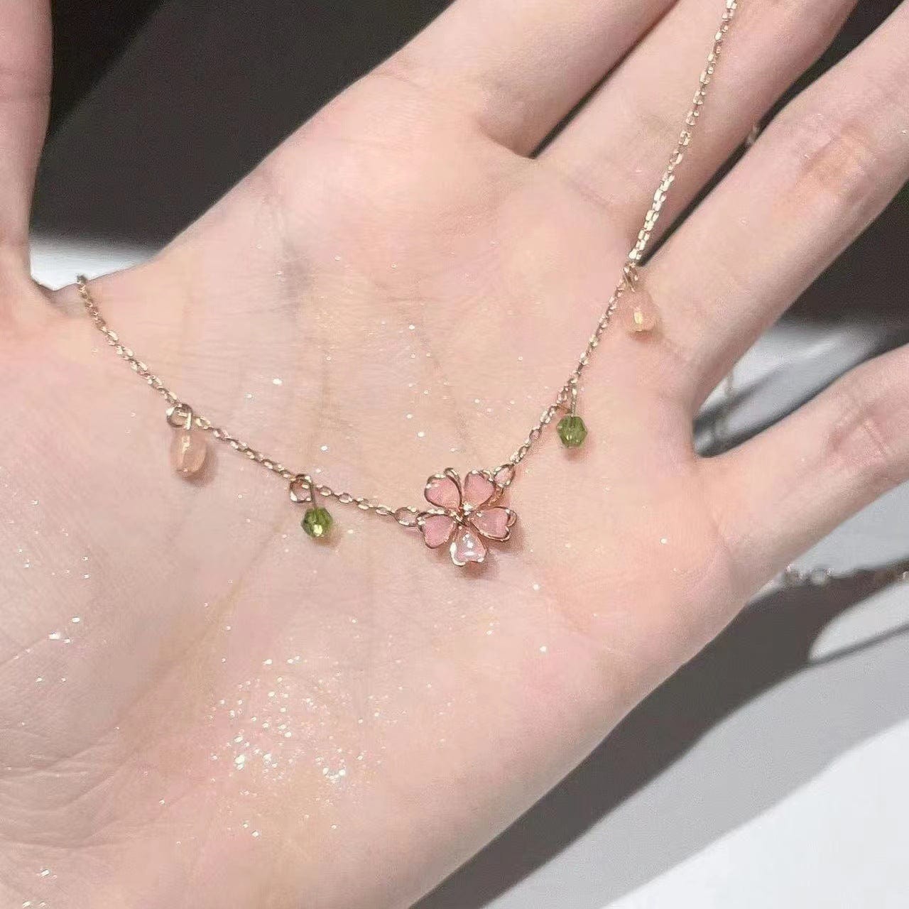 Dainty Pink Crystal Flower Charm Necklace - ArtGalleryZen