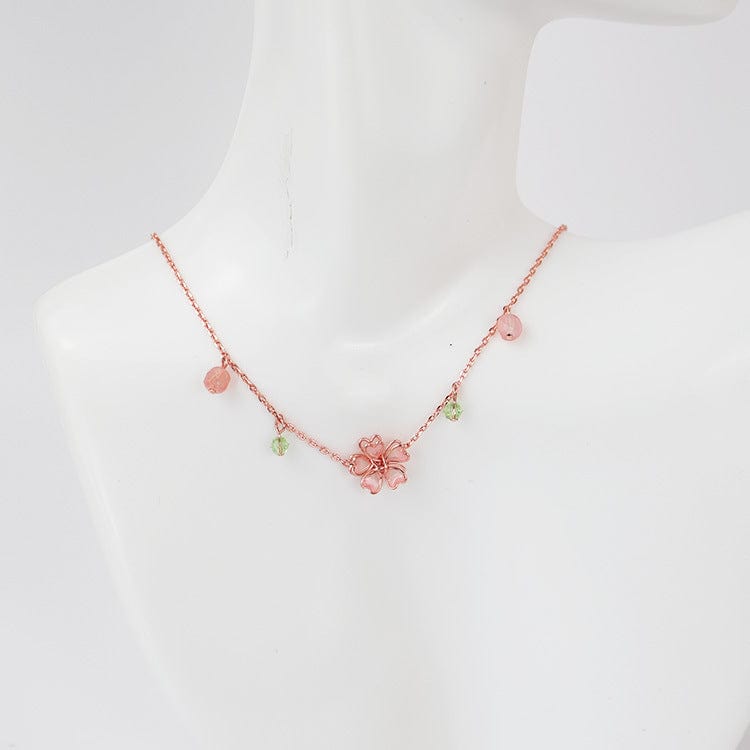 Dainty Pink Crystal Flower Charm Necklace - ArtGalleryZen