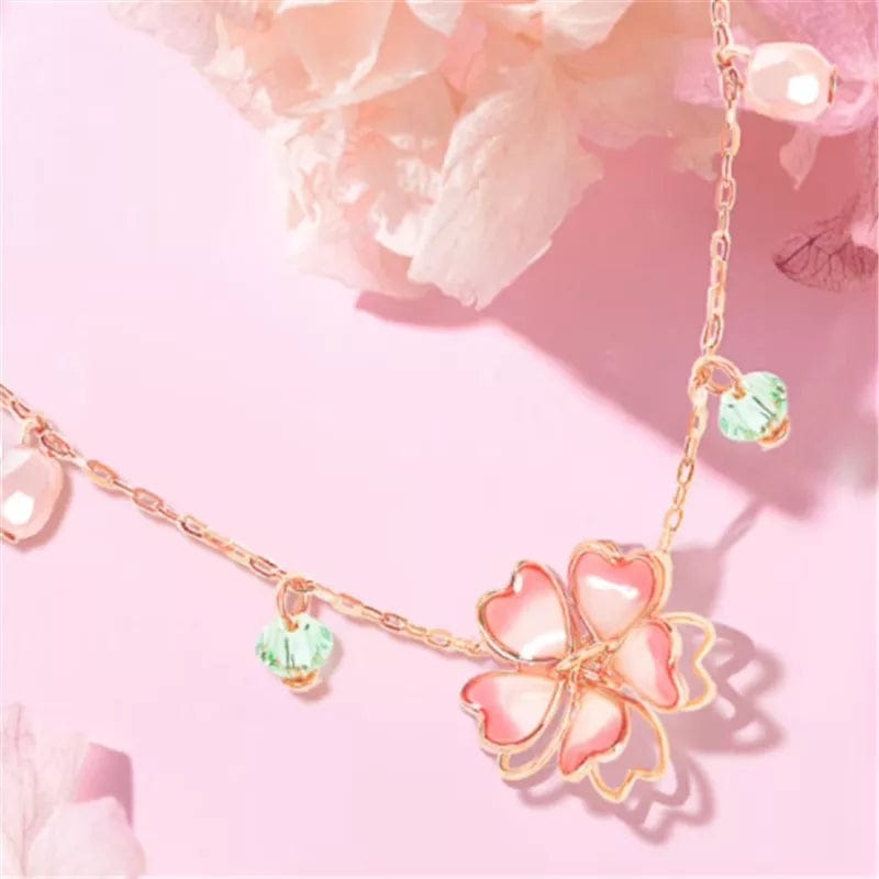 Dainty Pink Crystal Flower Charm Necklace - ArtGalleryZen