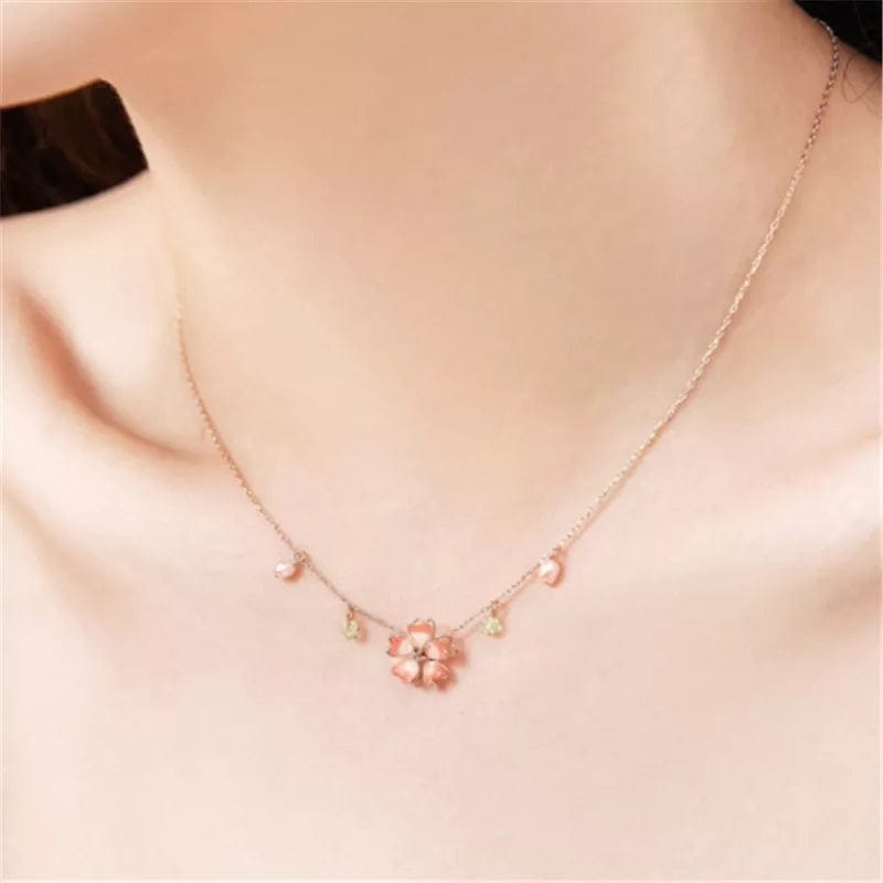 Dainty Pink Crystal Flower Charm Necklace - ArtGalleryZen