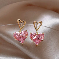 Thumbnail for Dainty Pink Rhinestone Heart Pendant Chain Necklace Dangle Earrings Set - ArtGalleryZen
