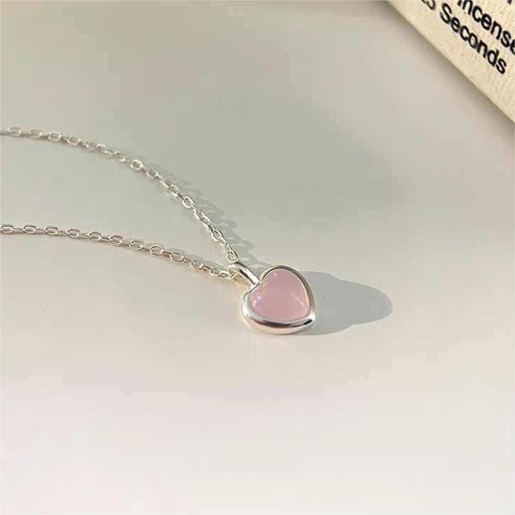 Dainty S925 Silver Pink Opal Heart Necklace - ArtGalleryZen
