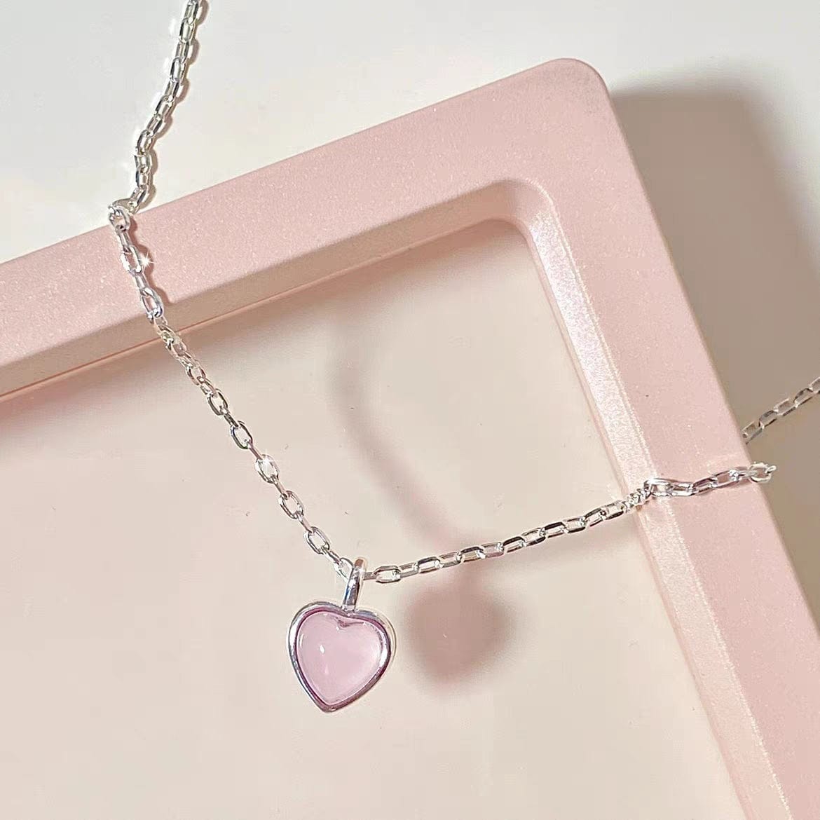 Dainty S925 Silver Pink Opal Heart Necklace - ArtGalleryZen