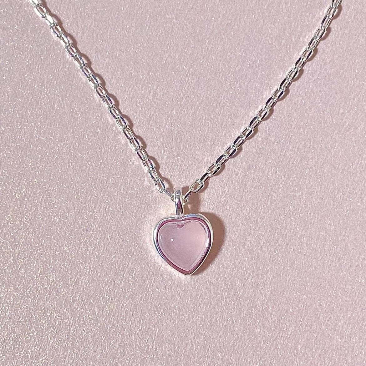 Dainty S925 Silver Pink Opal Heart Necklace - ArtGalleryZen