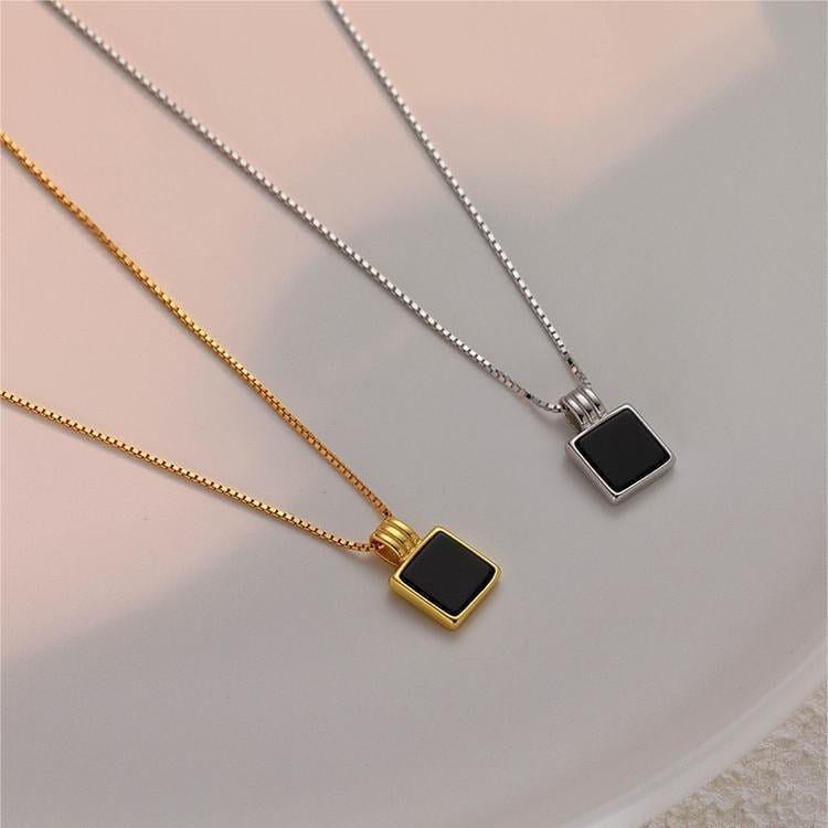 Dainty S925 Sterling Silver Enamel Square Pendant Box Chain Necklace - ArtGalleryZen
