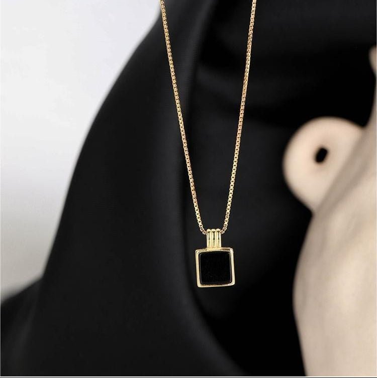 Dainty S925 Sterling Silver Enamel Square Pendant Box Chain Necklace - ArtGalleryZen
