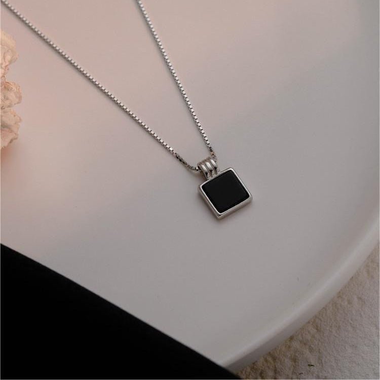 Dainty S925 Sterling Silver Enamel Square Pendant Box Chain Necklace - ArtGalleryZen
