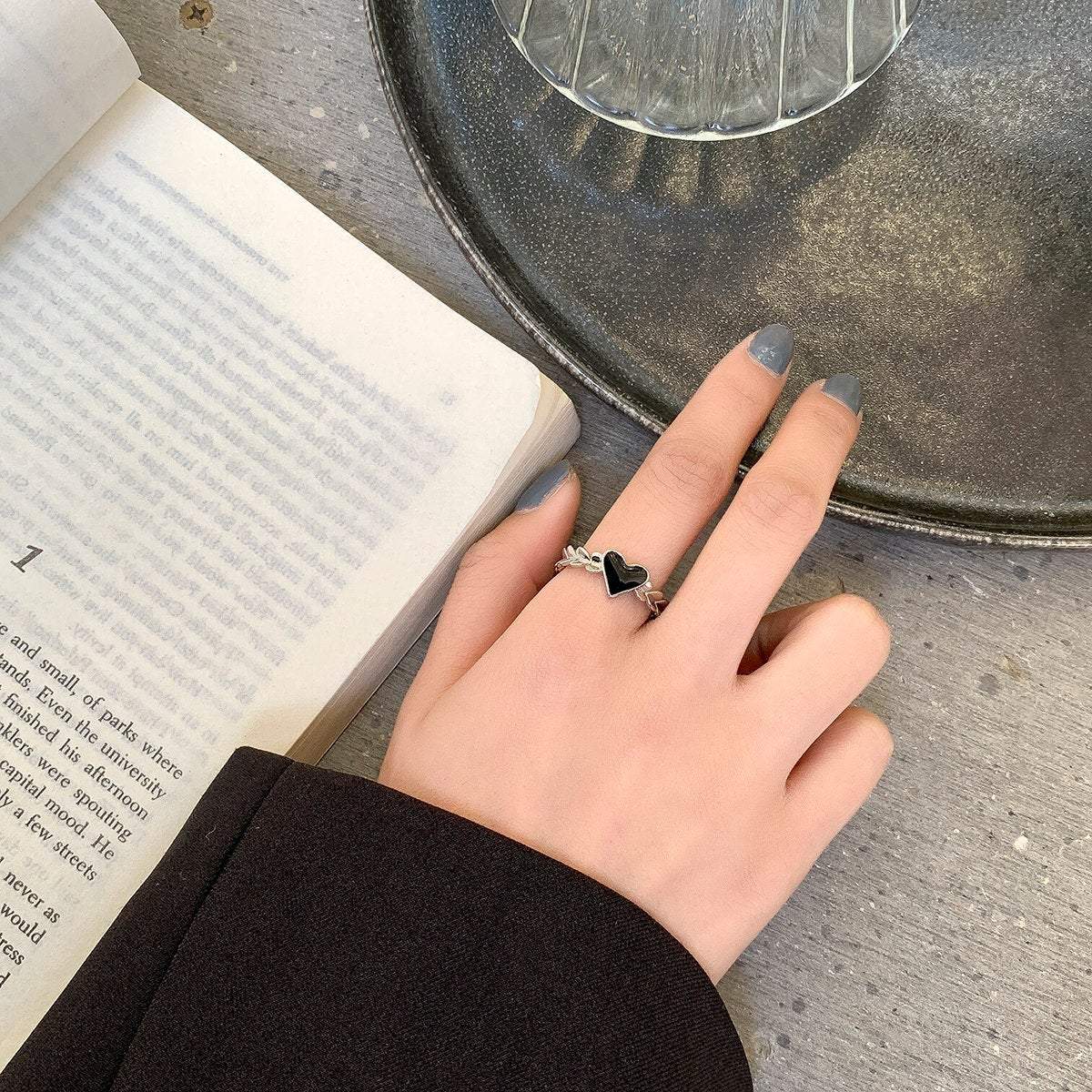 Dainty Silver Plated Black Heart Ring - ArtGalleryZen