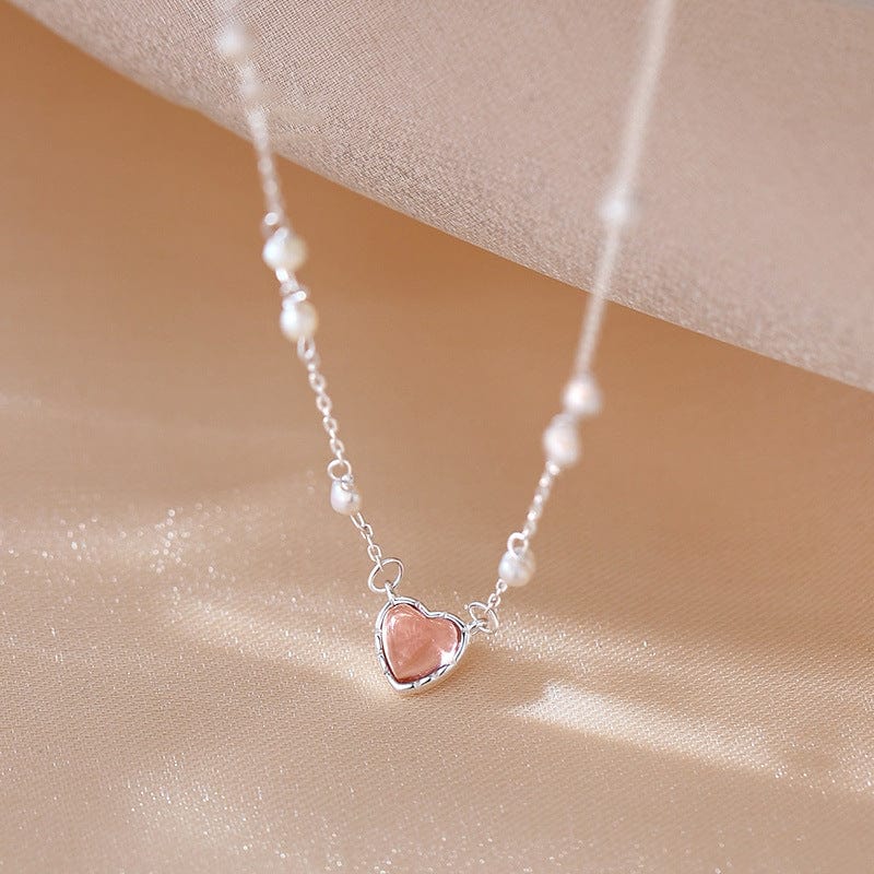Dainty Sterling Silver Pearl Charm Heart Necklace - ArtGalleryZen
