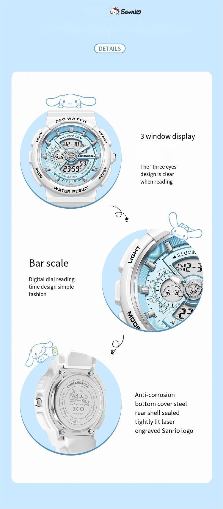 Genuine Sanrio Cinnamoroll Waterproof Multifunction Electronic Dual Display Quartz Watch - ArtGalleryZen