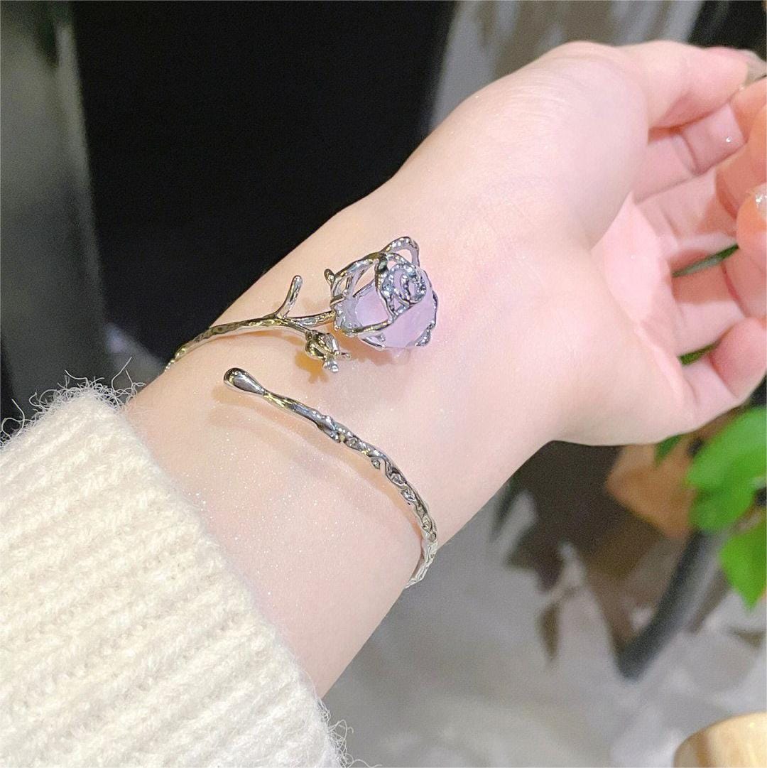 Geometric Healing Stone Rose Bangle Bracelet - ArtGalleryZen