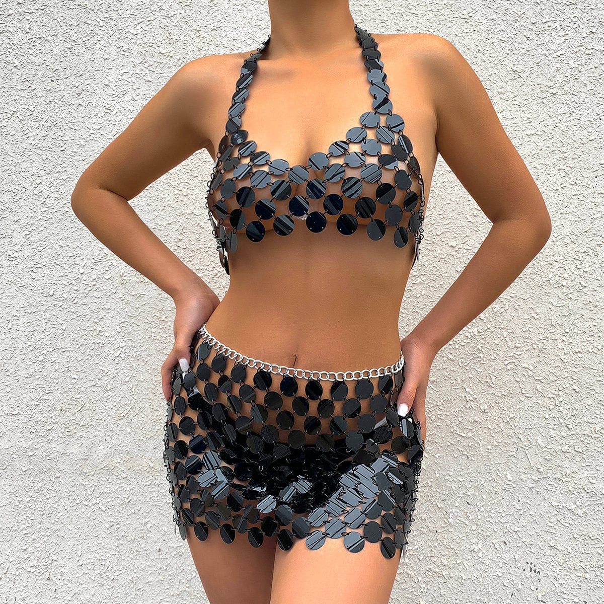 Handmade Glitter Sequins Patchwork Strappy Nightclub Party Mini Skirt - ArtGalleryZen