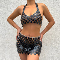 Thumbnail for Handmade Glitter Sequins Patchwork Strappy Nightclub Party Mini Skirt - ArtGalleryZen