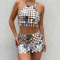 Thumbnail for Handmade Glitter Sequins Patchwork Strappy Nightclub Party Mini Skirt - ArtGalleryZen