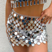 Thumbnail for Handmade Glitter Sequins Patchwork Strappy Nightclub Party Mini Skirt - ArtGalleryZen