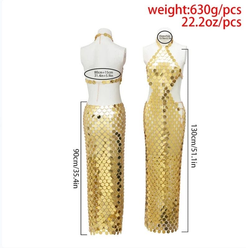 Handmade Gold Silver Rose Red Glitter Strappy Mirror Sequin Dress - ArtGalleryZen