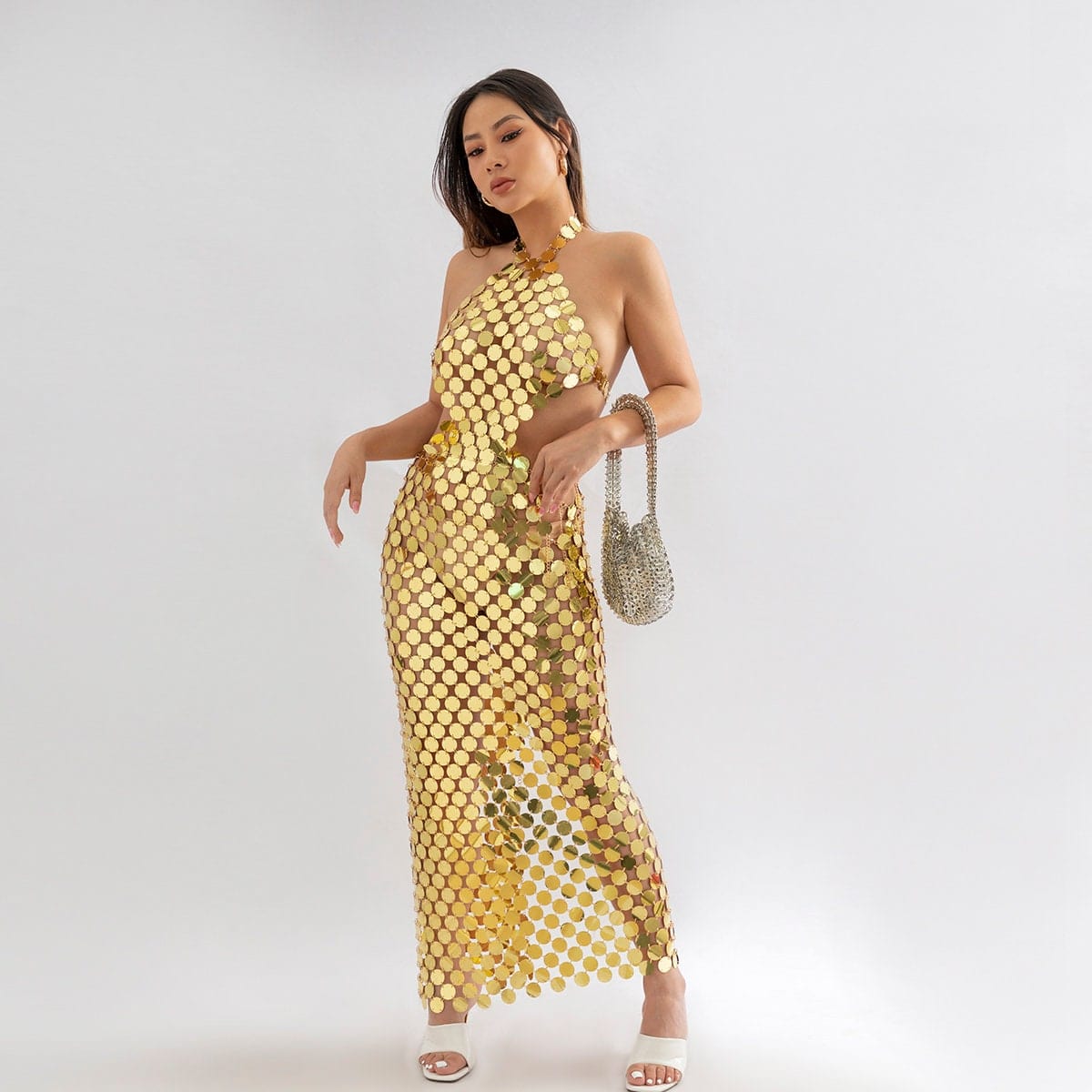 strappy gold sequin dress BABEYOND Fashion High Slit Glitter Sequin Strappy Sheer Prom Dress, Stunning Long Evening Dress, Size XL