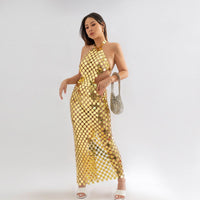 Thumbnail for Handmade Gold Silver Rose Red Glitter Strappy Mirror Sequin Dress - ArtGalleryZen