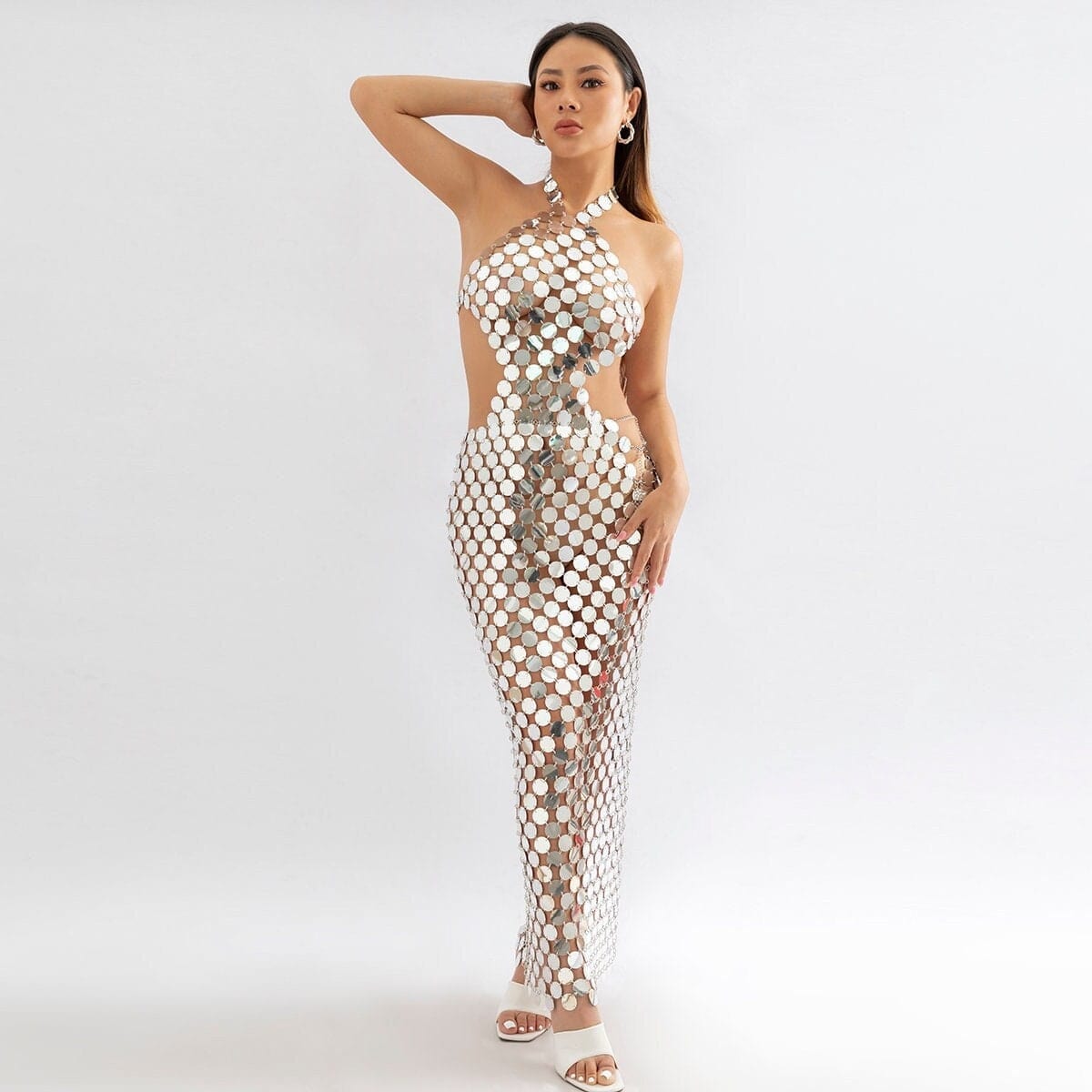 Handmade Gold Silver Rose Red Glitter Strappy Mirror Sequin Dress - ArtGalleryZen