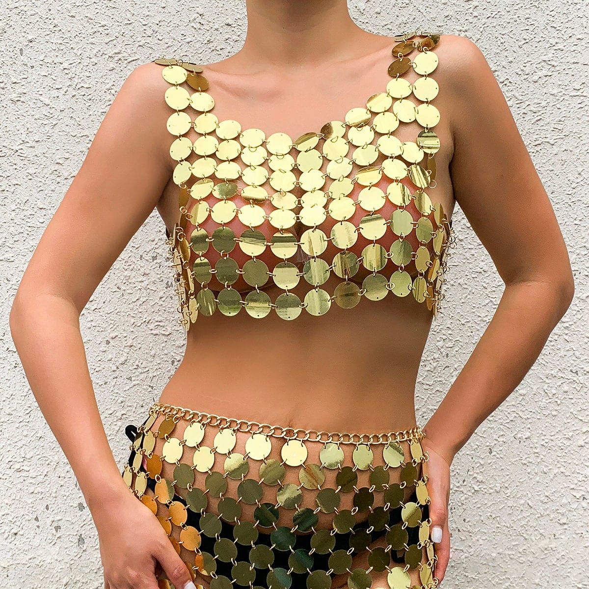 Handmade Gold Silver Tone Glitter Sequins Party Tank Top - ArtGalleryZen