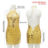 Thumbnail for Handmade Gold Silver Tone Glitter Sequins Patchwork Rave Party Mini Dress - ArtGalleryZen