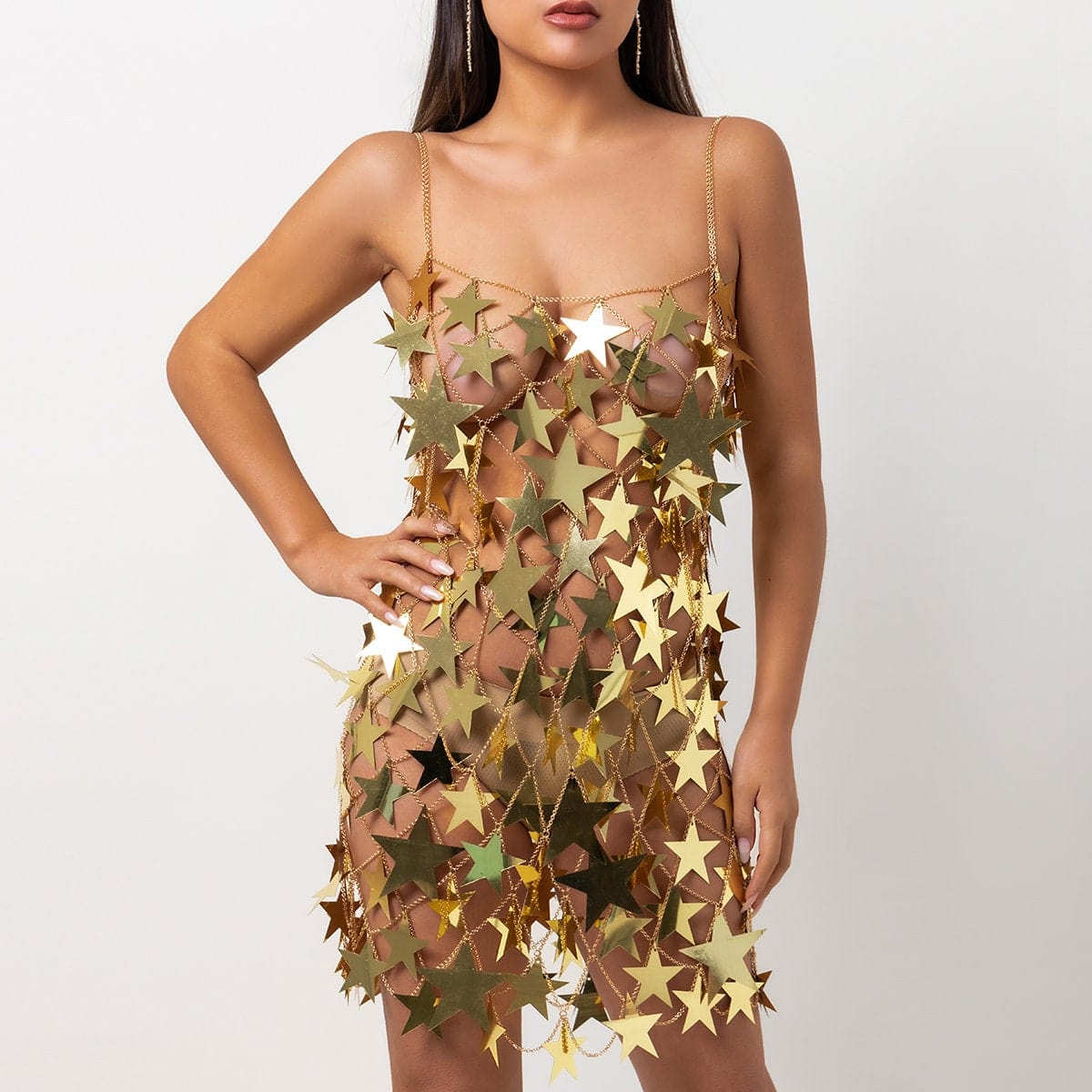Handmade Gold Silver Tone Glitter Star Sequins Patchwork Mini Dress - ArtGalleryZen