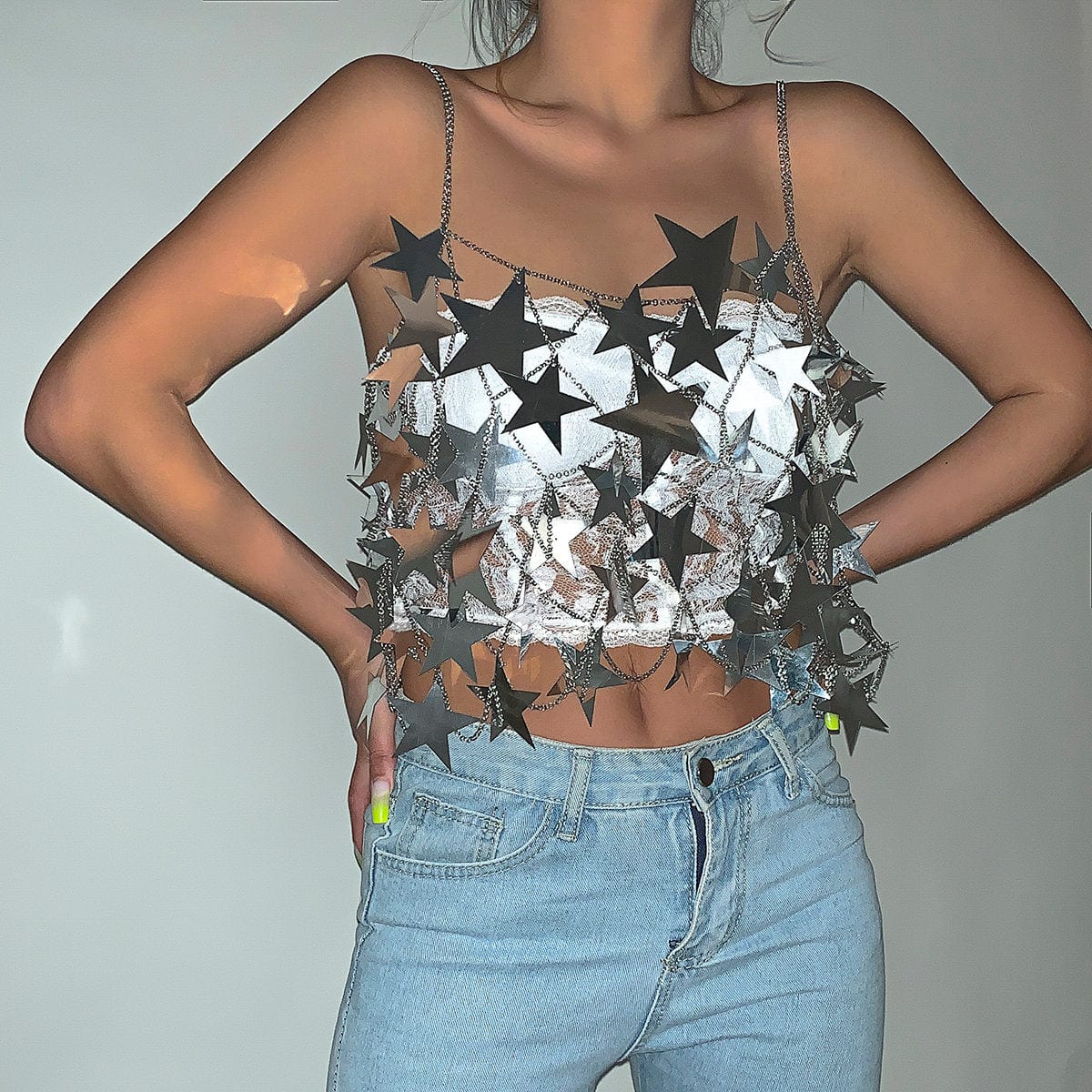 Handmade Hollow Glitter Star Sequins Sleeveless Tank Top - ArtGalleryZen