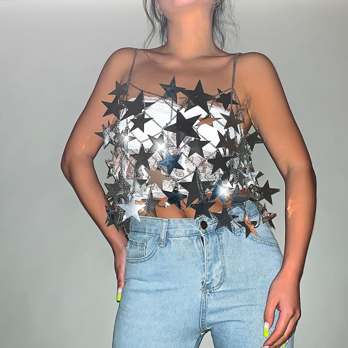 Handmade Hollow Glitter Star Sequins Sleeveless Tank Top - ArtGalleryZen