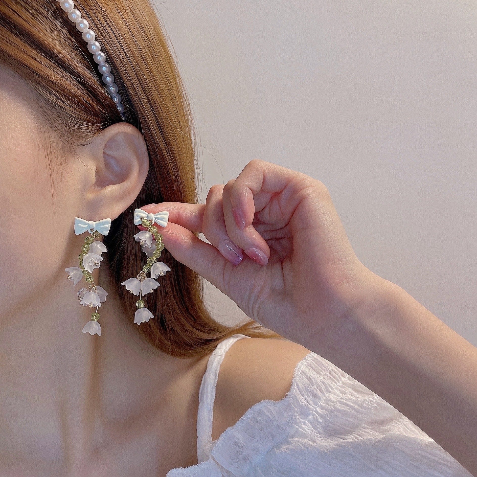 lily flower drop earrings Handmade Lily Of The Valley Dangle Earrings - Spring Floral Jewelry