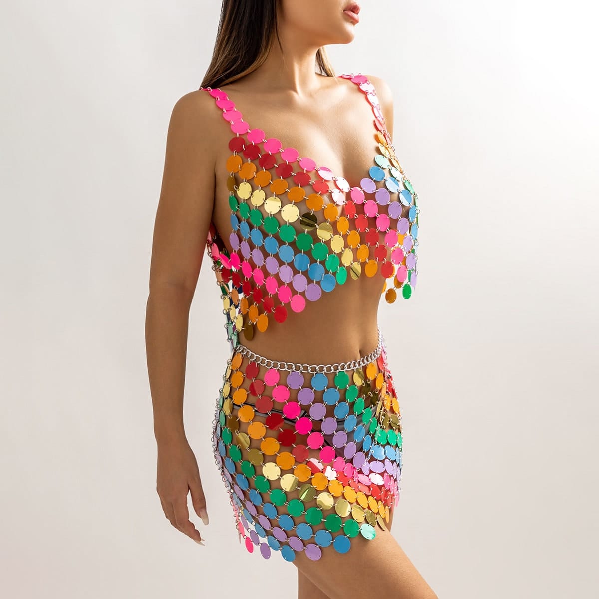 Handmade Rainbow Glitter Sequins Sleeveless Tank Top - ArtGalleryZen