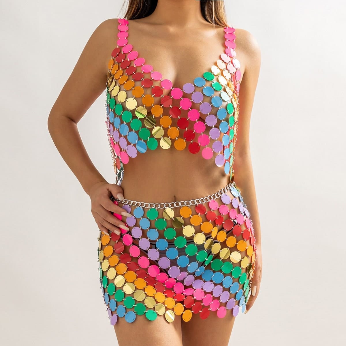 Handmade Rainbow Glitter Sequins Sleeveless Tank Top - ArtGalleryZen