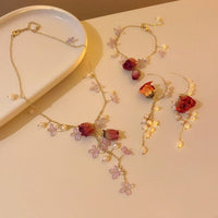 Thumbnail for Handmade Real Dried Rosebud Crystal Floral Pearl Tassel Necklace Dangle Earrings Bracelet Set - ArtGalleryZen