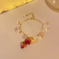 Thumbnail for Handmade Real Dried Rosebud Crystal Floral Pearl Tassel Necklace Dangle Earrings Bracelet Set - ArtGalleryZen