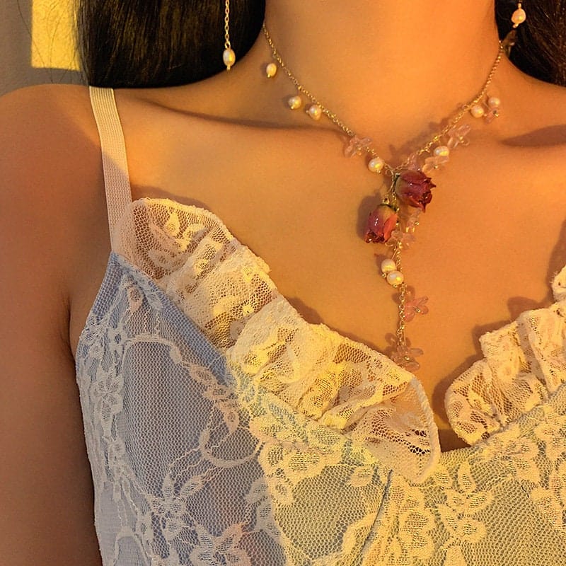 Handmade Real Dried Rosebud Crystal Floral Pearl Tassel Necklace Dangle Earrings Bracelet Set - ArtGalleryZen